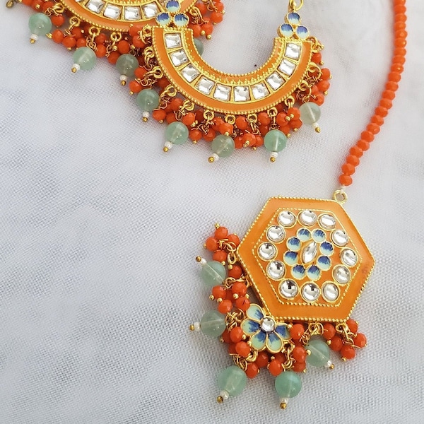 Meenakari Earrings with maang tika/Fashion Jewellery/Indian Jewelry/Maang tika/For all ages/Etsy Gift Guide/Jewellery n Accessories