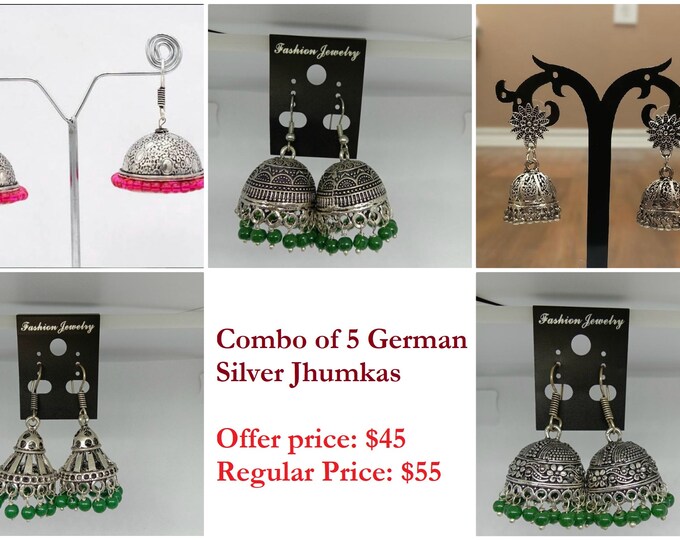 Set of 5 German silver earringsSet of 5 EarringsGift Items For Festive Indian FavorsCombo EarringsAntique German Silver Earrings
