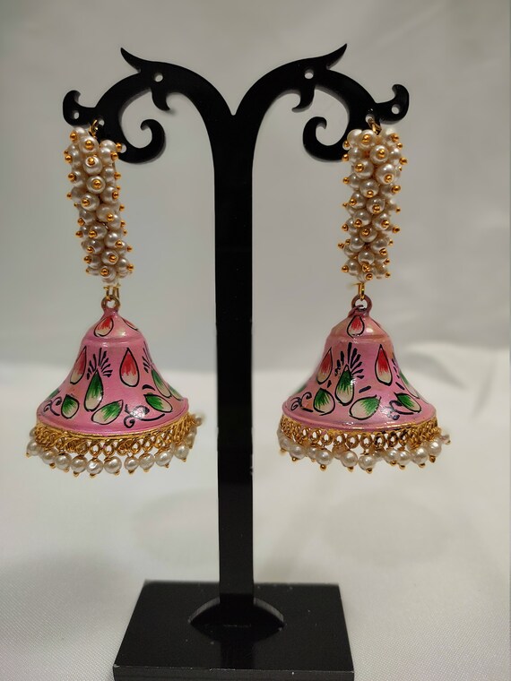 Meenakari Earrings With Beads bell Jhumka indian Jewellery for