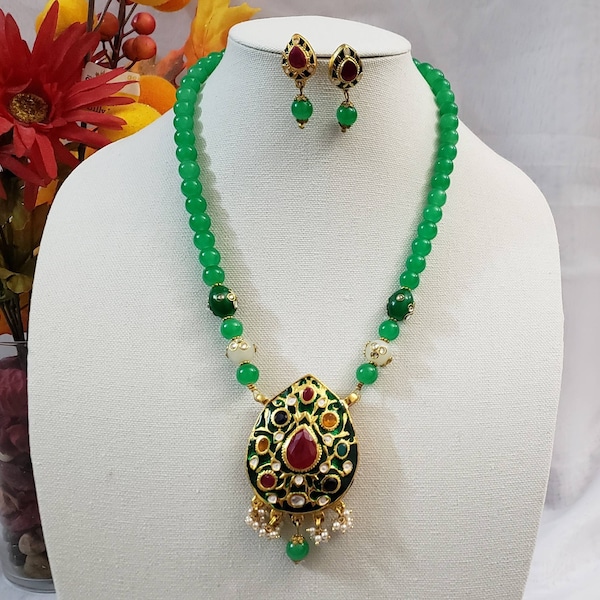 Wedding Necklace/Meenakari Navratna pendant with earrings/Black /Green Necklace/Blue Neckpiece/Indian Jewellery/Gifts for mom/Gifts for her