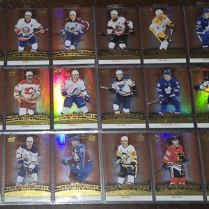May include: A collection of hockey trading cards in a protective sheet. The cards show hockey players in team uniforms, with a gold foil border and a brown background. The cards are from the Upper Deck brand.