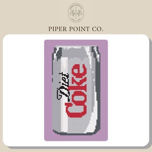 May include: A pixelated image of a Diet Coke can. The can is primarily silver with the words "Diet Coke" in red and black. The background is a light purple grid.
