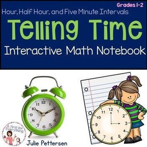 May include: A green alarm clock with black hands and numbers. A white sheet of paper with lines and a girl holding a clock with black hands and numbers. The text "Telling Time" is in a blue and white font. The text "Interactive Math Notebook" is in a blue font. The text "Grades 1-2" is in a blue font. The text "Hour, Half Hour, and Five Minute Intervals" is in a blue font.