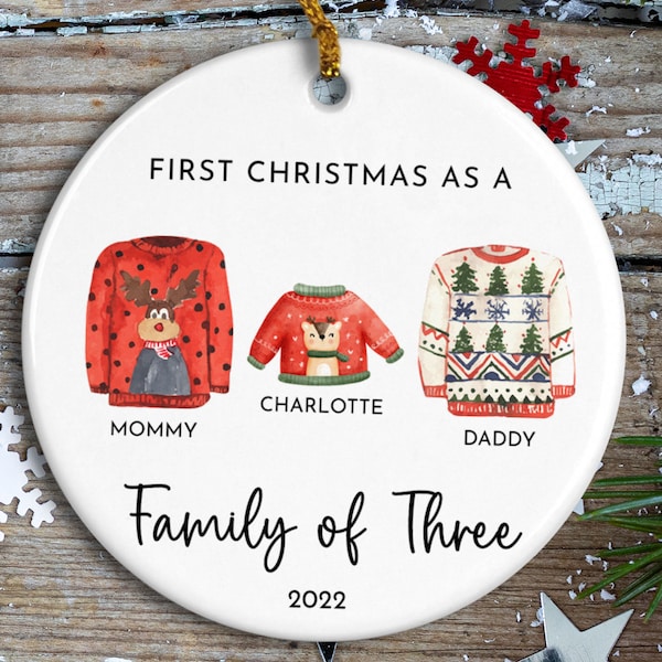 Family of Three Christmas Ornament, Personalized Family Christmas Ornament, Custom Family Keepsake, Ugly Sweaters