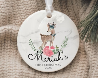 Baby Girl First Christmas Ornament | Baby Girl Name Ornament | Personalized 1st Christmas Dear Ornament | My First Christmas Gift