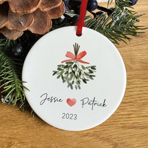 Personalized Couples Christmas Mistletoe Ornament, Custom Names Decoration