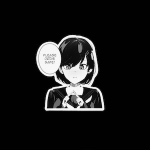 Anime Car Sticker – “Please Drive Safe” Vinyl Decal, Waterproof and UV-Resistant, Small Manga Style Reminder for Rear Window or Mirror