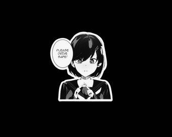 Anime Car Sticker – “Please Drive Safe” Vinyl Decal, Waterproof and UV-Resistant, Small Manga Style Reminder for Rear Window or Mirror