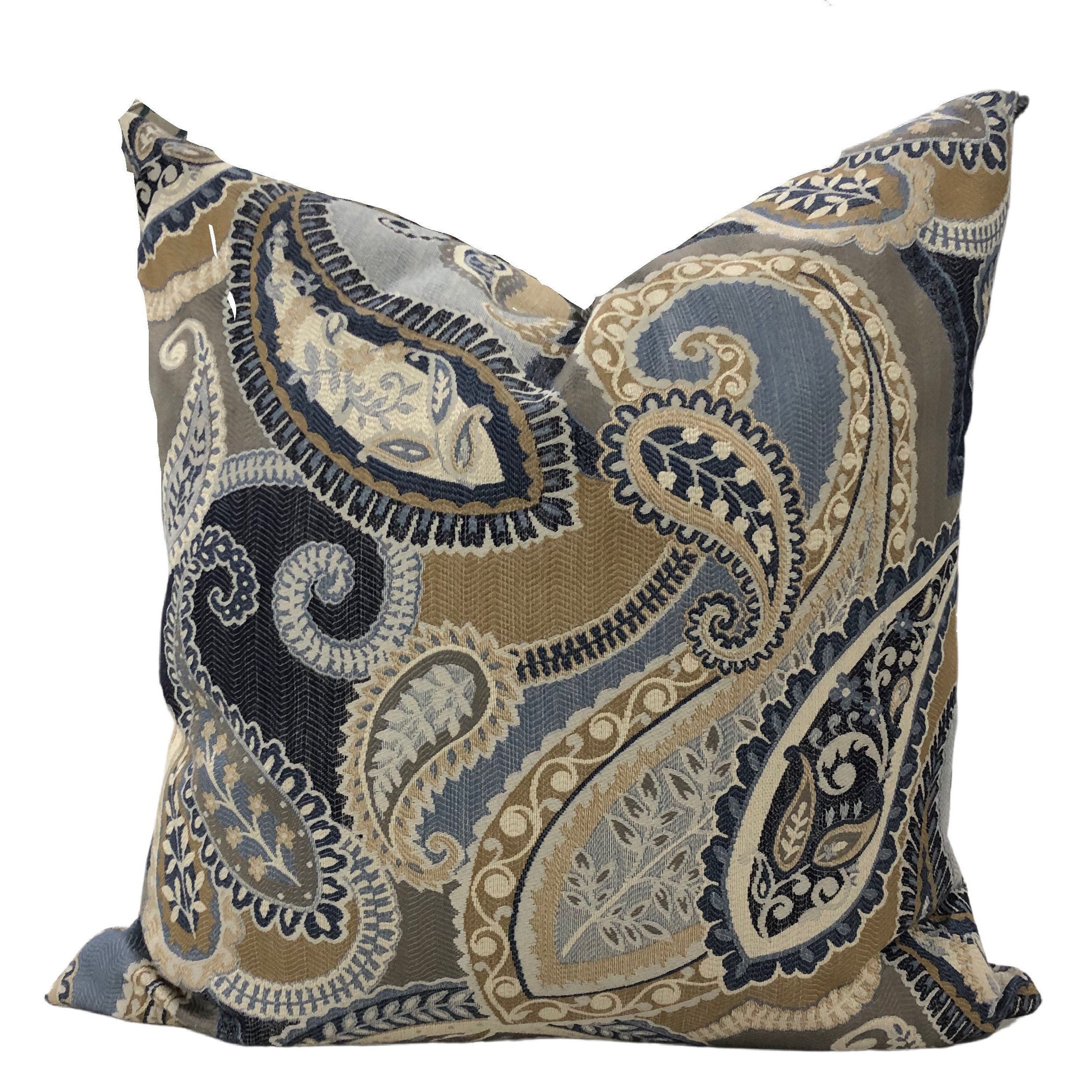 Throw Pillow with Insert Blue and Tan Designer Paisley Etsy