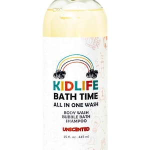 Kidlife Natural Bath Time 3 In 1 Shea & Organic Aloe  Unscented  15 Oz Kids Head to toe Soap Bubble Bath Bodywash Shampoo no Phenoxyethanol