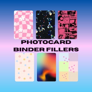 Könnte beinhalten: Fotokarten-Ordner-Füller mit verschiedenen Designs. Die Designs umfassen ein rosa-weißes Schachbrettmuster mit Blumen, abstrakten Formen und eine Collage aus Vintage-Elektronik. Der Text "PHOTOCARD BINDER FILLERS" wird angezeigt.