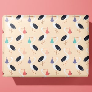 Papel de regalo para recién nacidos - Cigüeña con bebés - Hecho a mano - Regalo ideal
