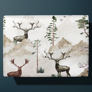 Mountain Stag Scene Wrapping Paper - Hand Illustrated - Gift Wrap - Ideal Gift
