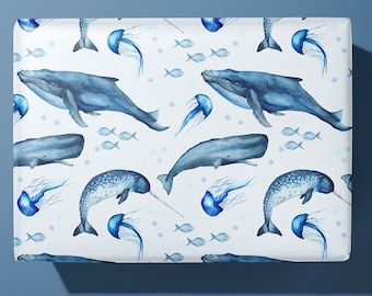 Whale and Narwhal Wrapping Paper / Gift Wrap - Watercolour