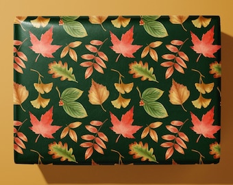 Autumn Leaves Wrapping Paper - with Shades of Green, Red, and Brown Leaves - Perfect for Fall Gifts