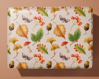 Autumn Bounty Wrapping Paper - with Acorns, Moths, Fungi, Leaves, and Berries - Perfect for Fall Gifts