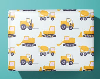Papel de regalo con forma de excavadora - Tractor infantil, excavadora, camión volquete, cemento