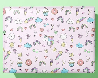 Enhörningspresentpapper - Kawaii födelsedagspresentpapper, pastellfärgade festtillbehör