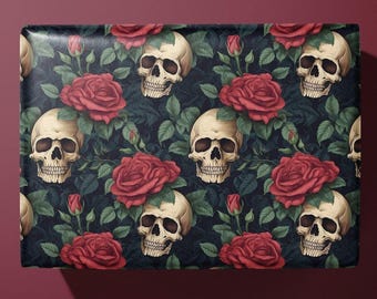 Vintage Schädel und Rosen Geschenkpapier - Reiche Farben - Ideales Geschenk