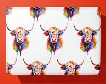 Funky Highland Cow Wrapping Paper / Gift Wrap - Watercolour - Ideal Gift