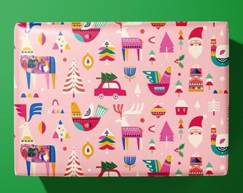 Papier cadeau de Noël rose - Emballage festif