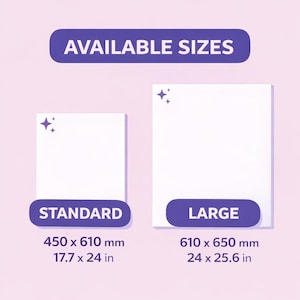 available sizes for paper, including standard and large sizes, with dimensions provided in millimeters.