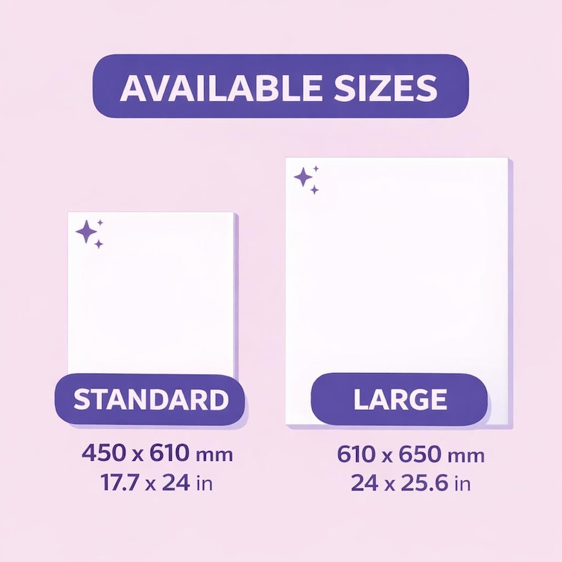 available sizes for paper, including standard and large sizes, with dimensions provided in millimeters.