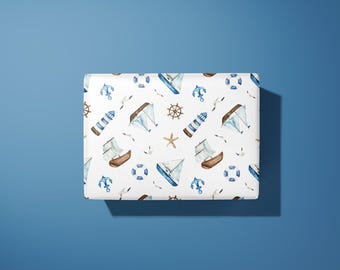 Papel de regalo náutico: diseño de acuarela náutica - acabado mate, ecológico