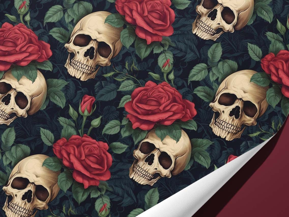 Vintage Skulls and Roses Wrapping Paper - Rich Colors - Ideal Gift