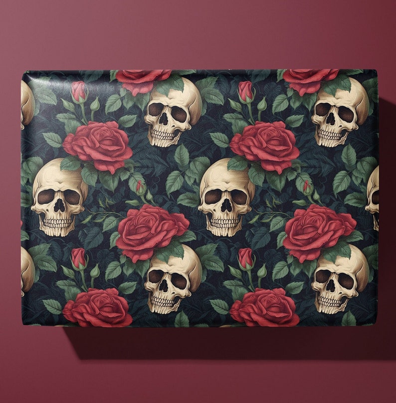 Vintage Skulls and Roses Wrapping Paper Rich Colors image 1