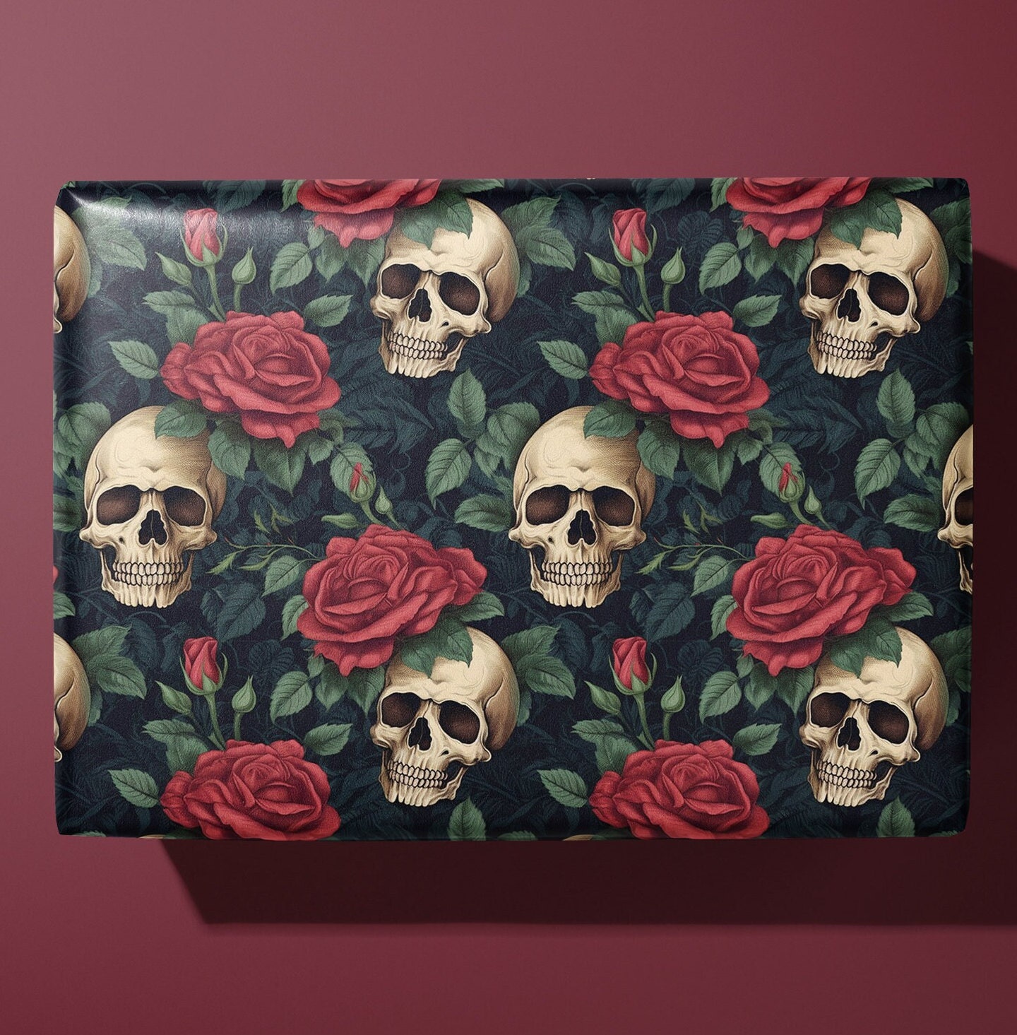 Vintage Skulls and Roses Wrapping Paper - Rich Colors - Ideal Gift