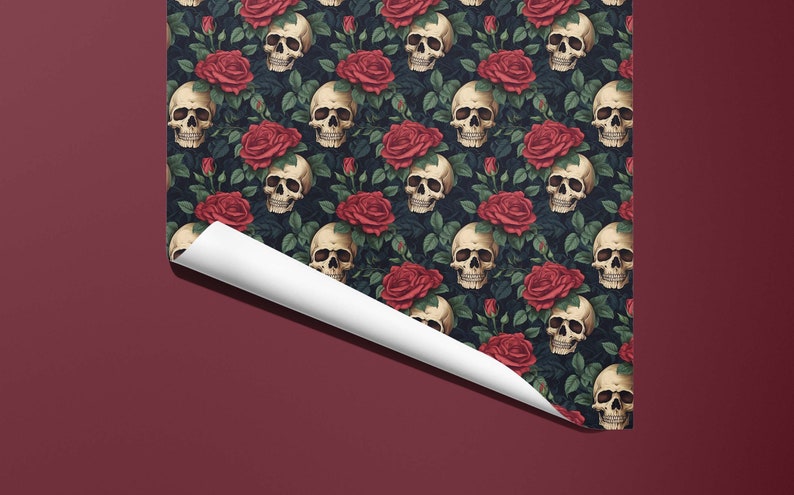 Vintage Skulls and Roses Wrapping Paper Rich Colors image 3