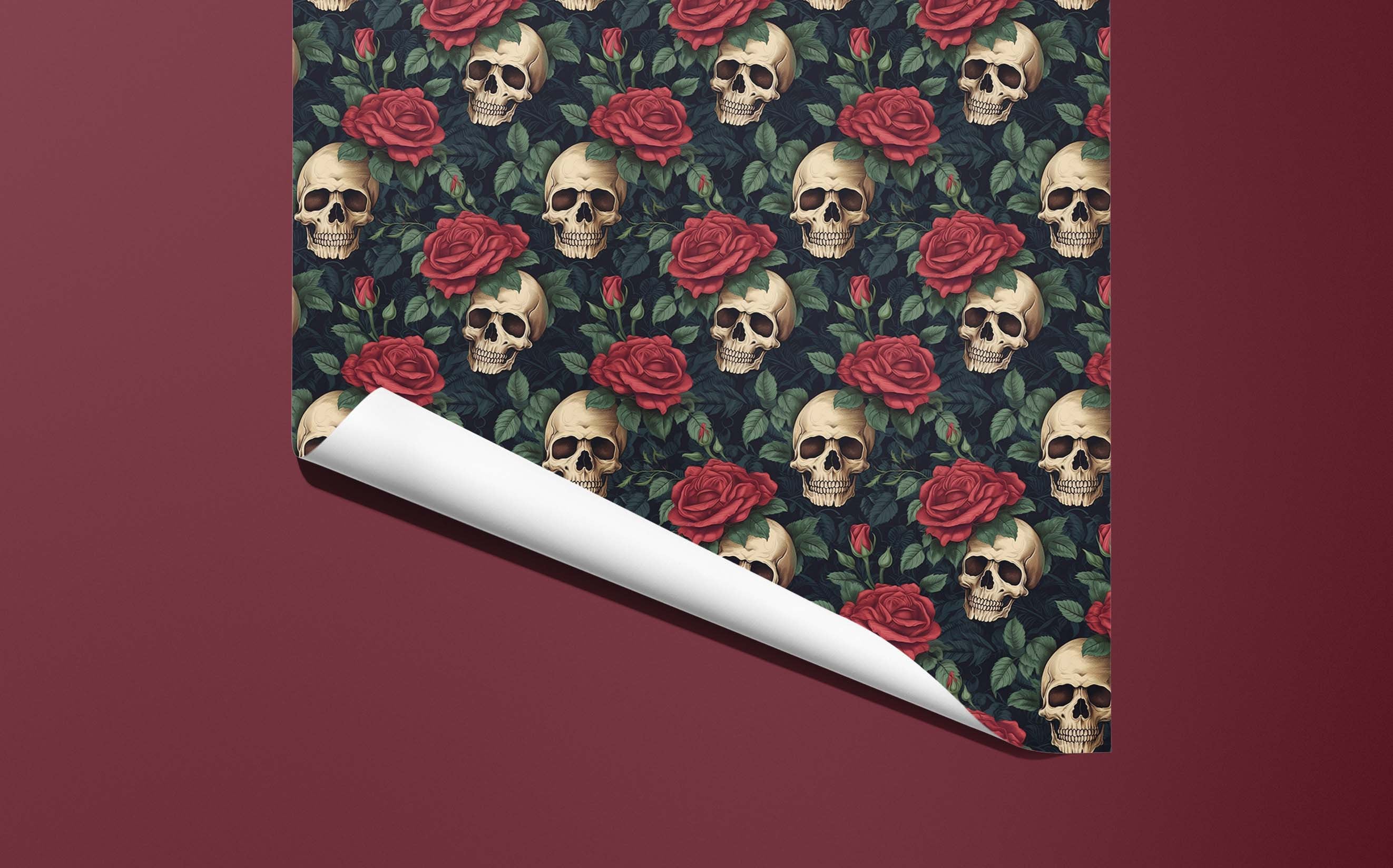 Vintage Skulls and Roses Wrapping Paper - Rich Colors - Ideal Gift