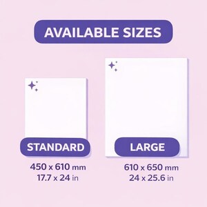 available sizes for paper, including standard and large sizes, with dimensions provided in millimeters.