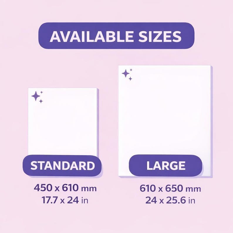 available sizes for paper, including standard and large sizes, with dimensions provided in millimeters.