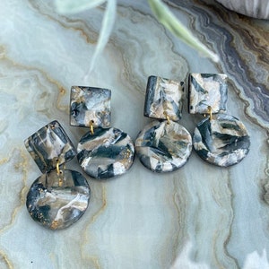 Navy Blue Clay Earrings, Marble Polymer Clay Earrings, Resin Clay Earrings, Unique Statement Jewelry, Lightweight Earrings, Gift For Her