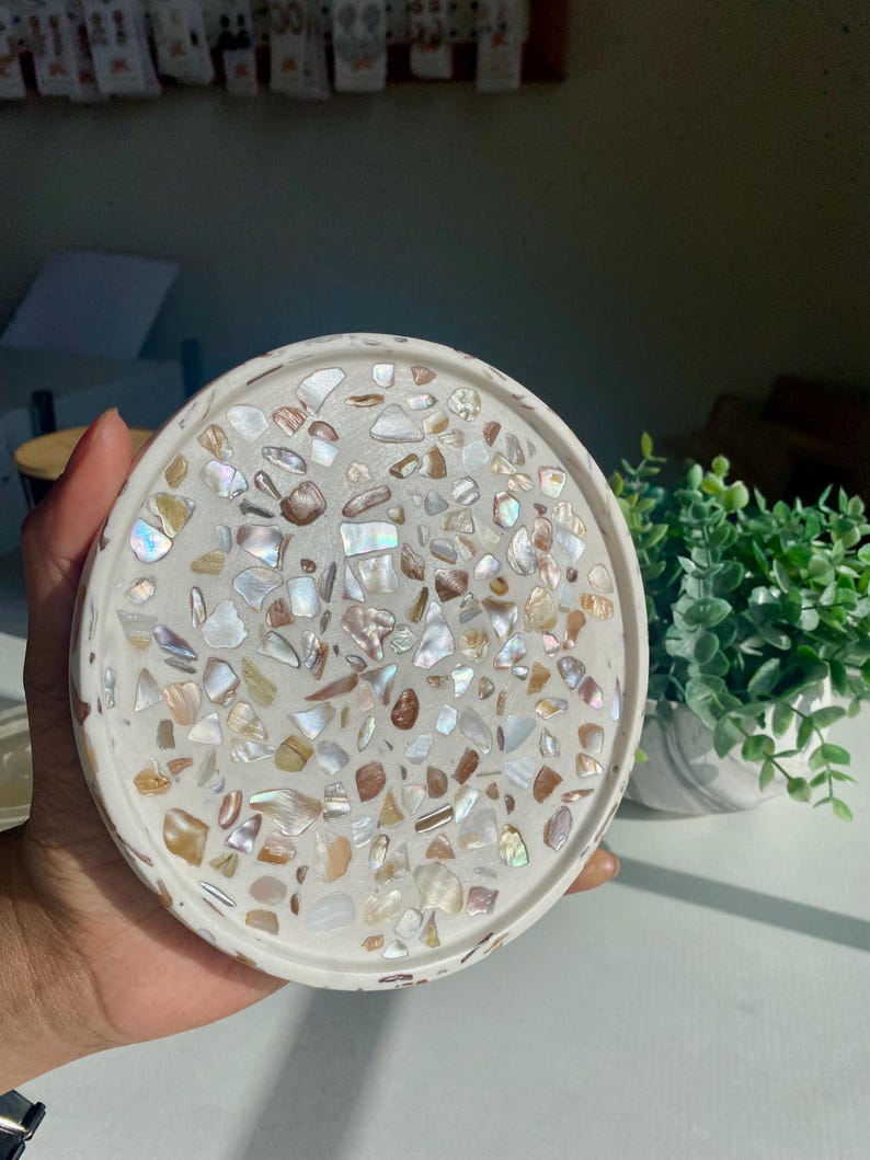 May include: A round, white decorative tray with a mosaic design. The mosaic is made of iridescent, shell-like pieces in shades of white, beige, and brown. The tray is held by a hand and is near a small potted plant.