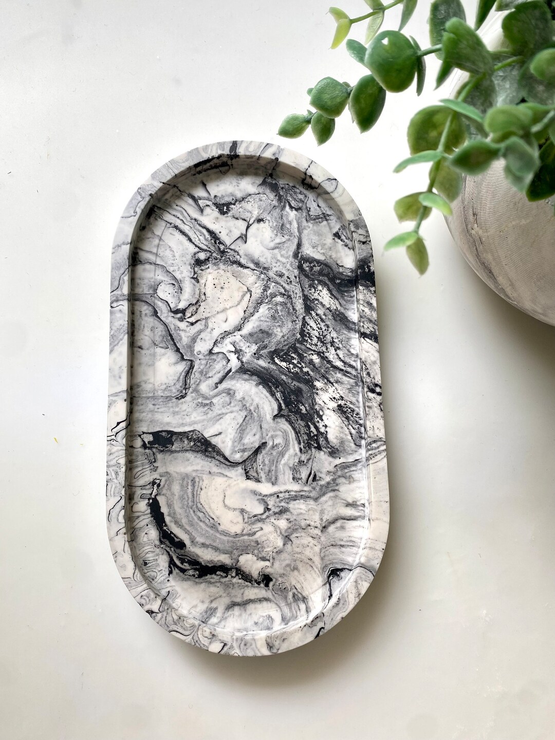 Black and White Tray, Marble Jesmonite Oval Tray, Decorative Tray