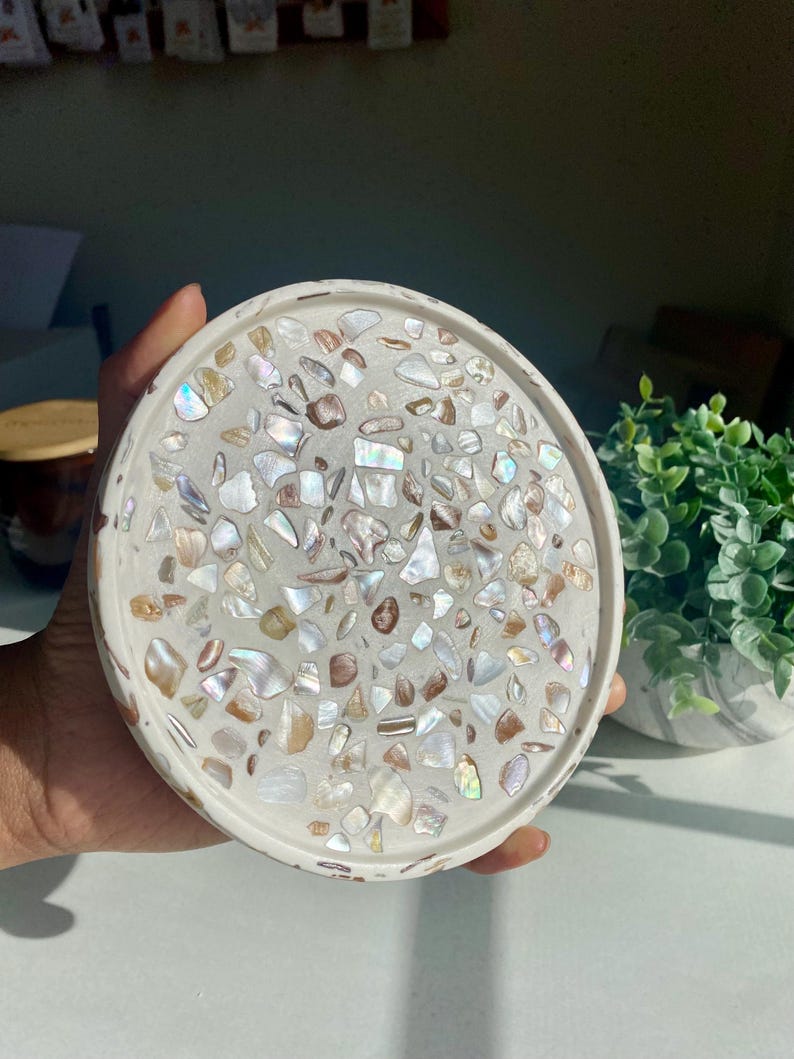 May include: A circular, white decorative tray featuring a mosaic design. The mosaic is composed of iridescent, shell-like fragments in white, brown, and gold tones. The tray is held in a hand, with a small plant in a marble pot visible in the background.
