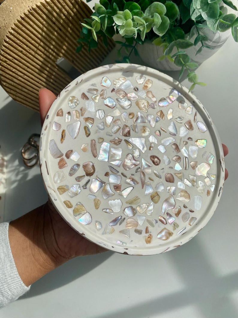 May include: A circular, off-white decorative tray with a mosaic design. The mosaic is made of iridescent shell pieces in white, beige, and brown. The tray is held by a person's hand.