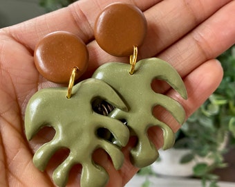 Large Boho Clay Earrings, Monstera Leaf Earrings, Unique Gifts For Her, Tropical Earrings, Birthday Gift, Christmas Gift For Sister