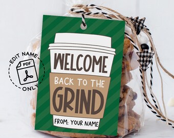 Welcome Back to the Grind Tag Printable, Back to School Coffee Gift Tag for Teachers, First Day of School Editable Name PDF Instant Download