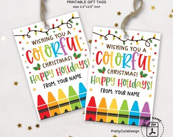 Colorful Christmas Tag, Crayon Holiday Printable, Kids School Gift, Teacher Student Favor Labels