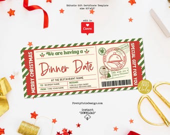 Christmas Restaurant Gift Certificate Template Printable, Editable Dinner Date Reservation Gfit Voucher, Christmas Surprise Ticket Coupon