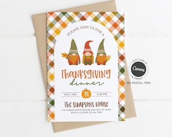 Thanksgiving Dinner Invitation Template: Printable Holiday Party Invite with Fall Gnome