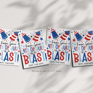 Colorful and fun 4th of July printable tag with cheerful “Hope Your 4th Of July Is A Blast!” text and fireworks, ready to print for holiday celebrations