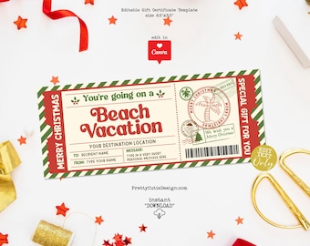 Christmas Beach Trip Gift Certificate Template Printable, Editable Beach Vacation Travel Gfit Certificate, Christmas Surprise Ticket Coupon