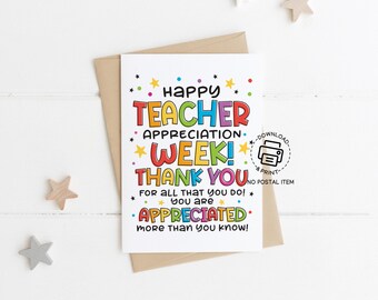 Teacher Appreciation Week Card Printable, Thank You Card for Teacher, You Are Appreciated Note, Instant Download Greeting for School Staff
