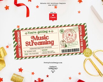Editable Music Streaming Gift Certificate, Printable Christmas Voucher