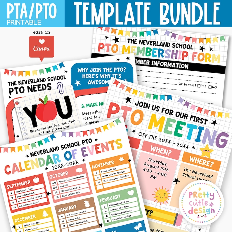 Editable PTO PTA flyer bundle template including colorful membership form, recruitment flyer, meeting invitation, and yearly calendar. Canva templates for easy customization and instant download. Perfect for schools.